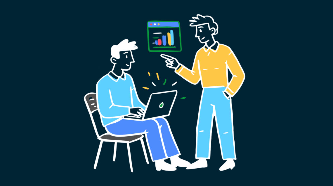 Illustration von zwei Personen, die gemeinsam an einem Laptop arbeiten, während ein schwebendes Dashboard die getrennte Darstellung von Frontend und Backend im Headless-Commerce symbolisiert.